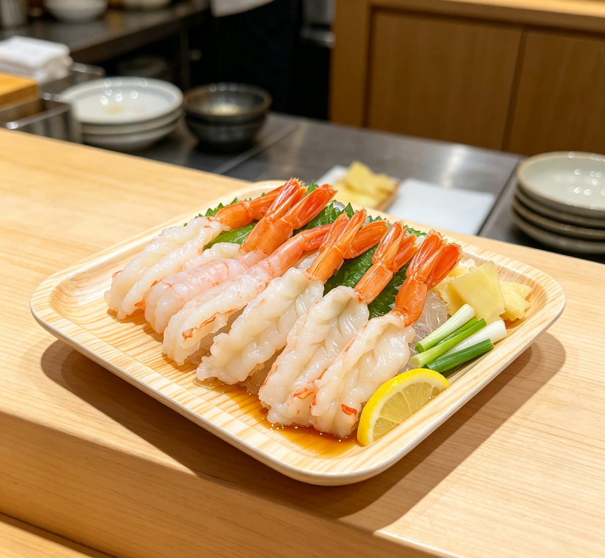 Shrimp handrolls arranged on a wooden tray