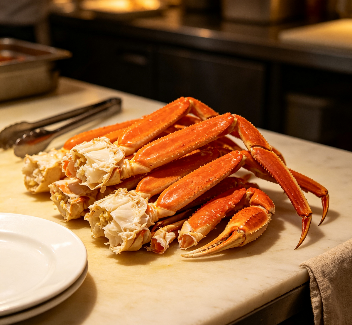 Crab legs with vivid orange shells, plated