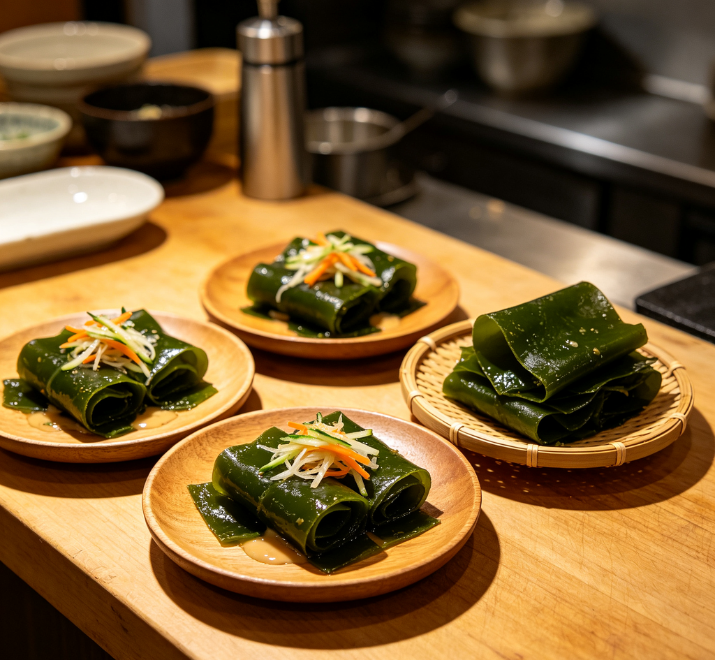 Fresh green seaweed, prepared pieces
