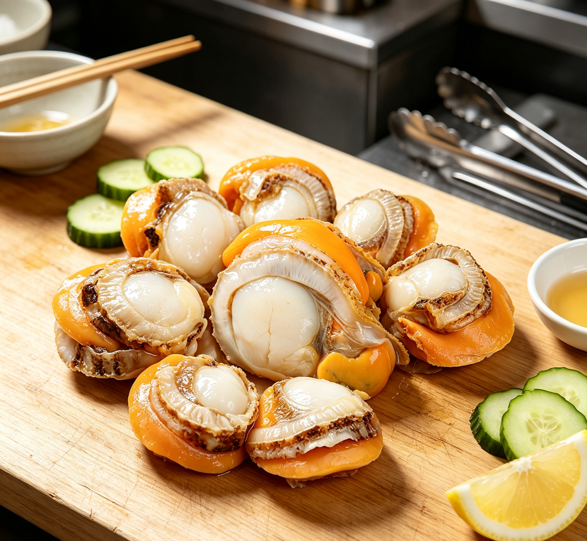 Seared scallops with fresh garnishes, plated